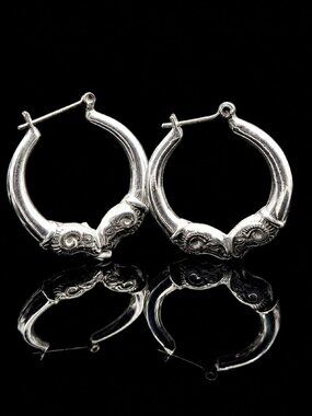 Sterling Silver Ram Head Hoop Earrings Vintage Aries Zodiac Hoops 1.25 Inch